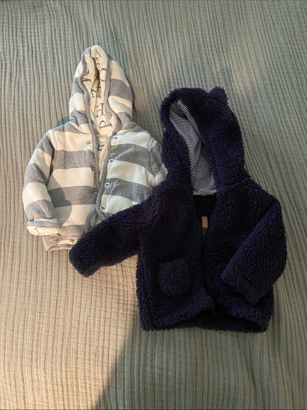 Burt’s Bees Baby reversible hooded jacket and Carter’s 6M fuzzy blue jacket